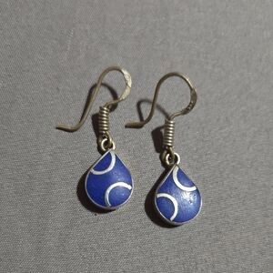 Blue Lapis Teardrop Dangle Earrings - Silver Accents